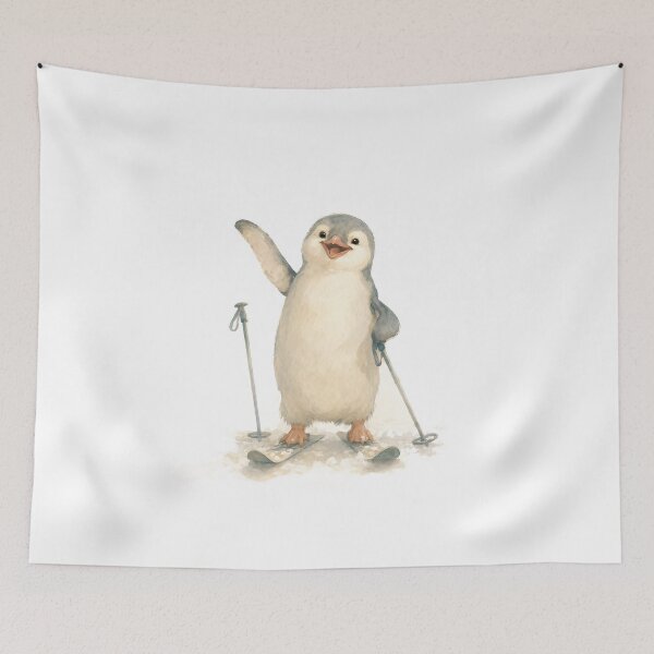 Item preview, Penguin Skiing Snow Day Watercolor designed and sold by DoodleMenagerie.