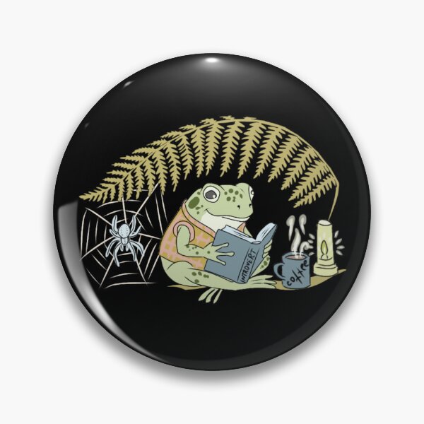 Item preview, Frog reading book under fern with coffee lantern and spider cottagecore illustration designed and sold by LeshanArt.