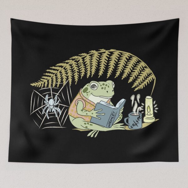 Item preview, Frog reading book under fern with coffee lantern and spider cottagecore illustration designed and sold by LeshanArt.