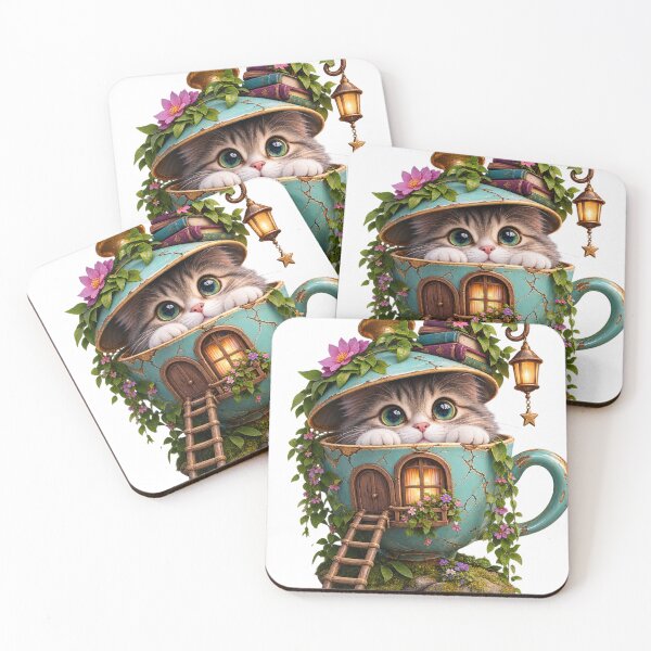 Item preview, The Enchanted Teacup Cottage – Whimsical Cat Fantasy Art designed and sold by GoldenSparkleShop.