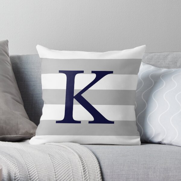 Silver Gray Stripes Navy Blue Monogram K Throw Pillow
