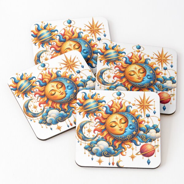Item preview, Sun and Moon Embrace, Celestial Love Art with Planets, Stars and Golden Clouds designed and sold by HoMya.