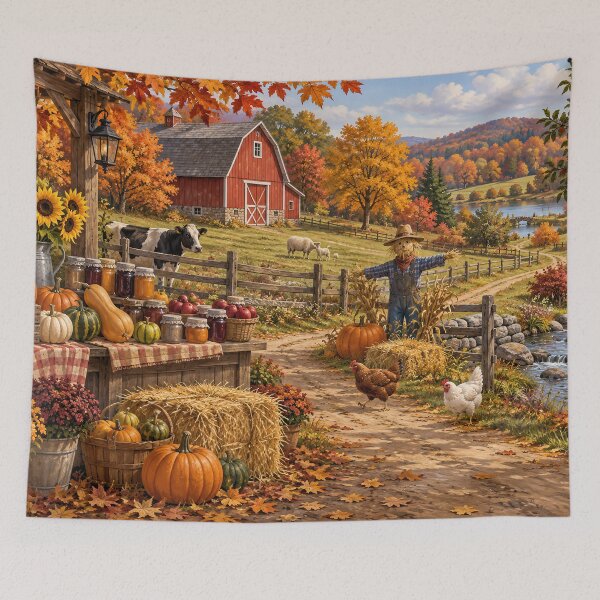 Item preview, Autumn Harvest Farm Stand – Cozy Fall Countryside with Red Barn & Pumpkins designed and sold by Alaa-love-art.