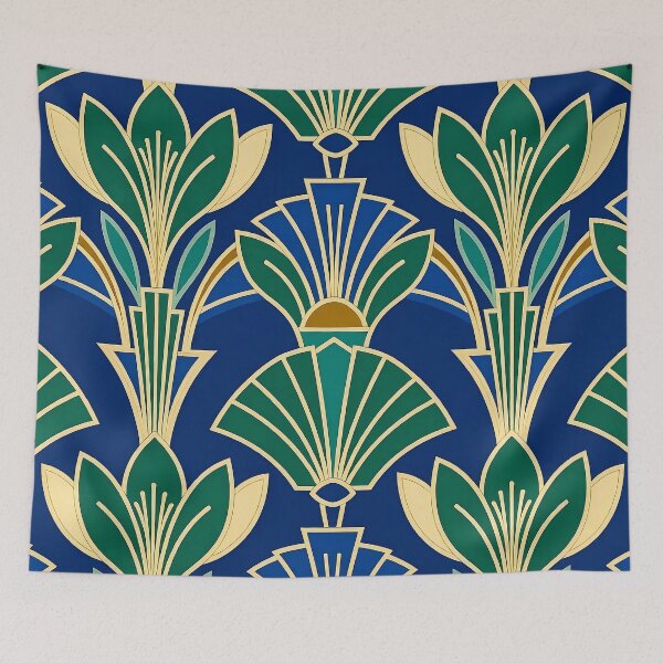 Item preview, Art Deco Blue and Gold Floral Textile Pattern designed and sold by Sybille-Yates.