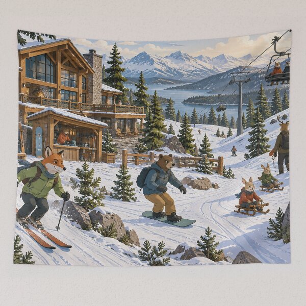Item preview, Woodland Animals Ski Resort – Cozy Winter Mountain Lodge with Fox, Bear & Bunnies designed and sold by Alaa-love-art.