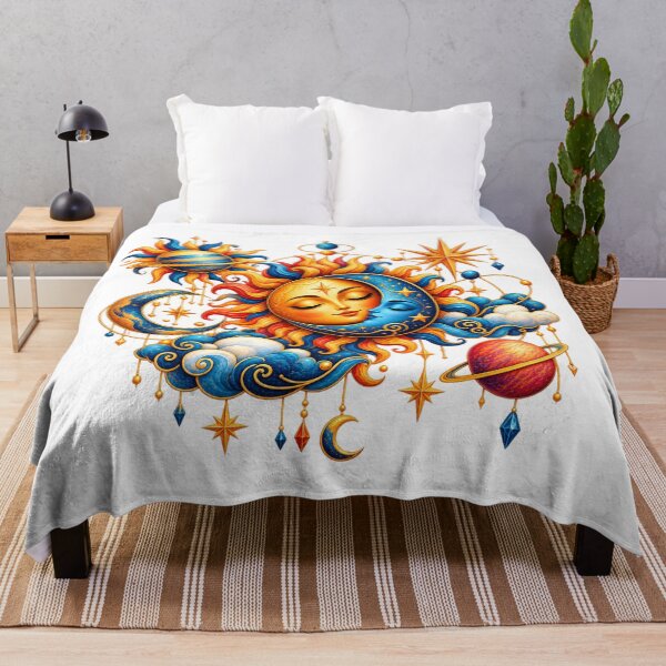 Item preview, Sun and Moon Entwined, Bohemian Celestial Art with Planets, Stars and Golden Clouds designed and sold by HoMya.