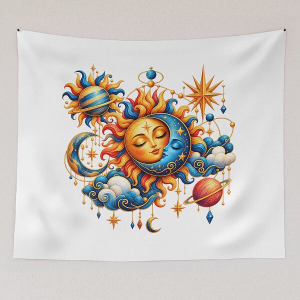 Item preview, Sun and Moon Entwined, Bohemian Celestial Art with Planets, Stars and Golden Clouds designed and sold by HoMya.