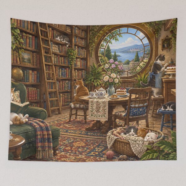 Item preview, Cozy Cat Library Tea Room – Cats Reading Books, Baking Cakes & Napping by the Window designed and sold by Alaa-love-art.