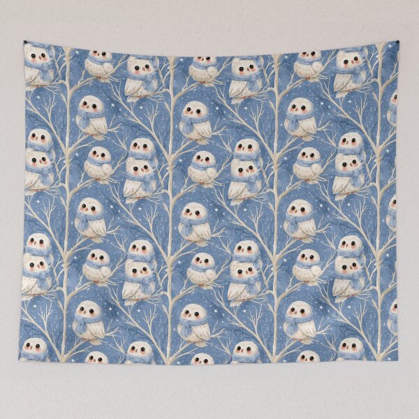Item preview, Cute Winter Owls Blue Scarf Snowy Forest designed and sold by NicolasGlowArt.
