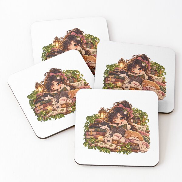 Item preview, Cozy Chibi Girl Reading with Sleepy Pets designed and sold by ChibiLOL.