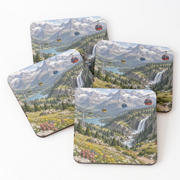 Item preview, Alpine Summer Meadow – Swiss Mountain Landscape with Cable Cars, Waterfall & Wildflowers designed and sold by Alaa-love-art.