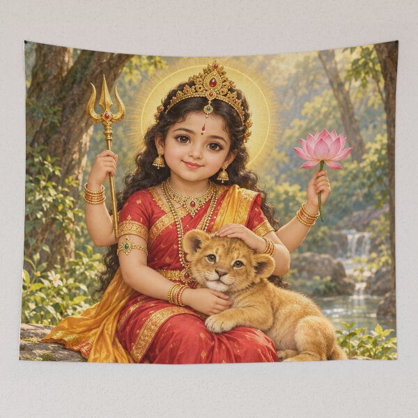 Item preview, Bala Durga Cuddling a Lion Cub — Cute Goddess Art designed and sold by Homyar.