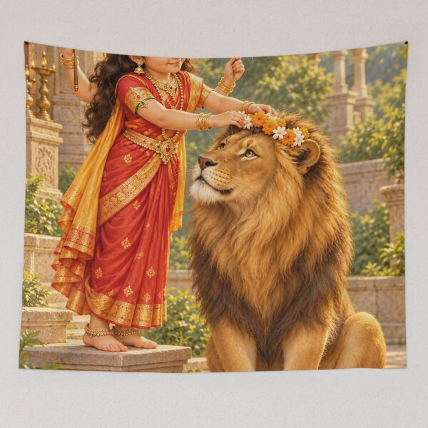 Item preview, Bala Durga Crowning Her Lion with Flowers designed and sold by Homyar.