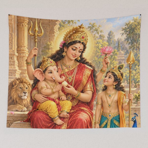 Item preview, Mother Durga with Bala Ganesha and Kartikeya — Divine Family Art designed and sold by Homyar.