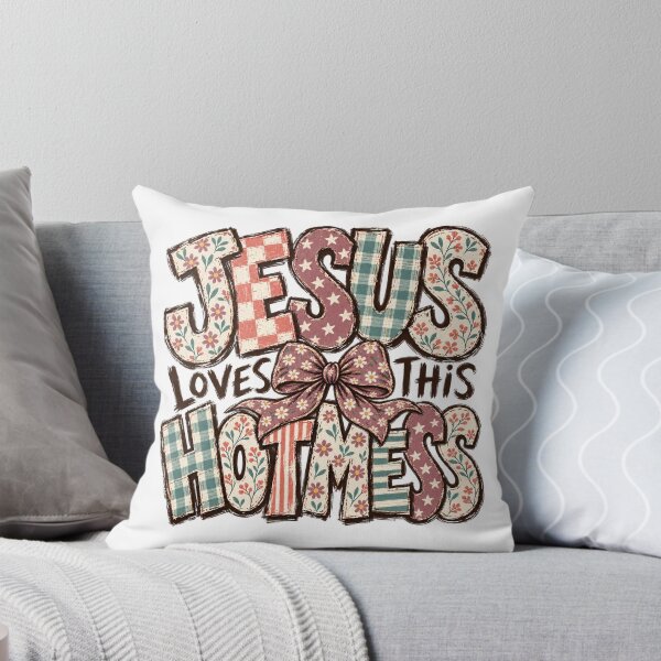 Item preview, Jesus Loves This Hot Mess Coquette Bow Floral Patchwork Vintage designed and sold by PunPals-Art.