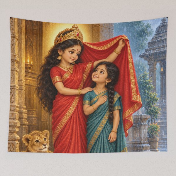 Item preview, Bala Durga Sheltering a Little Devotee — Cute Goddess Art designed and sold by Homyar.