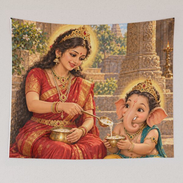 Item preview, Annapurna Serving Kheer to Cute Bala Ganesha — Devotional Art designed and sold by Homyar.