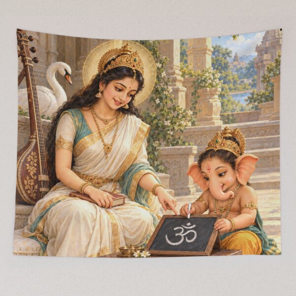 Item preview, Goddess Saraswati Teaching Cute Bala Ganesha — Little Lessons, Divine Wisdom designed and sold by Homyar.