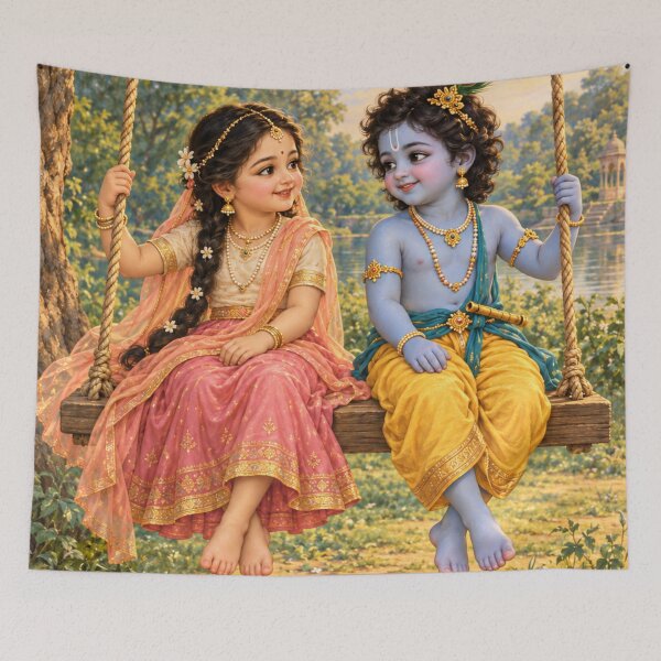 Item preview, Cute Bala Radha Krishna on a Swing — Devotional Art designed and sold by Homyar.