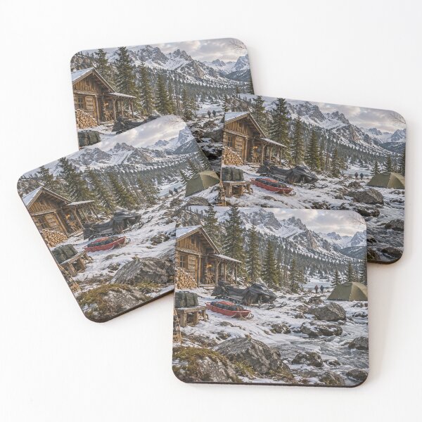 Item preview, Rustic Log Cabin Winter Camp – Snowshoes, Snowmobile & Tents by a Mountain River designed and sold by Alaa-love-art.