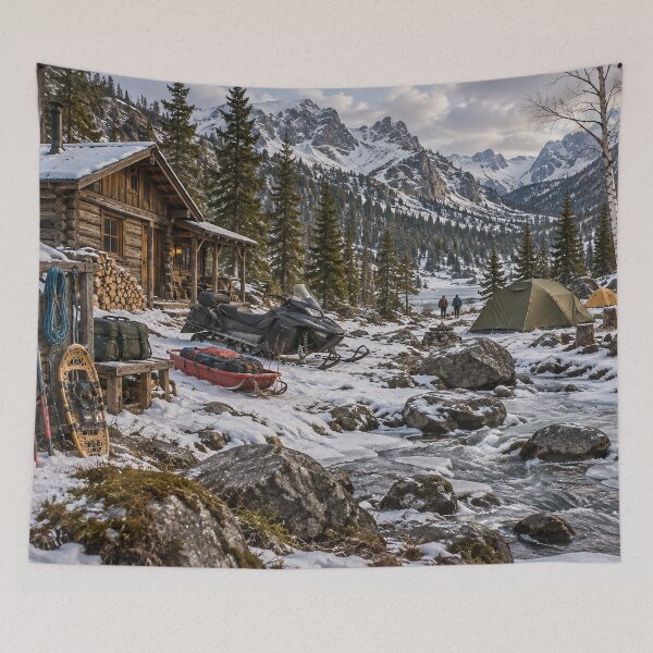 Item preview, Rustic Log Cabin Winter Camp – Snowshoes, Snowmobile & Tents by a Mountain River designed and sold by Alaa-love-art.