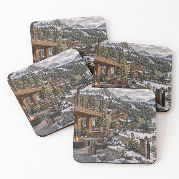 Item preview, Luxury Ski Lodge Patio – Cozy Fire Pit with Snowy Mountain Views & Ski Lift designed and sold by Alaa-love-art.