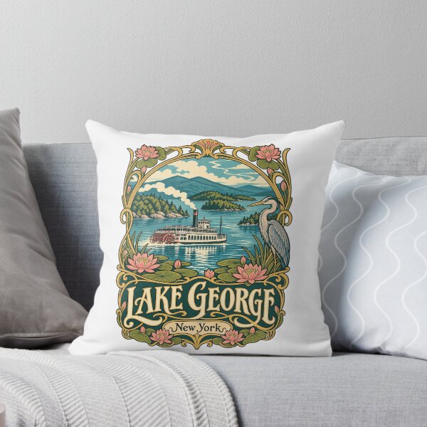 Item preview, Lake George New York Adirondack Paddle Steamer Heron Water Lily Vintage Art Nouveau Souvenir designed and sold by North Shore Prints.