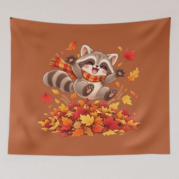 Item preview, Raccoon Jumping Into Leaf Pile Cute Autumn Kawaii Fall Thanksgiving Design designed and sold by MagicMakerPh.