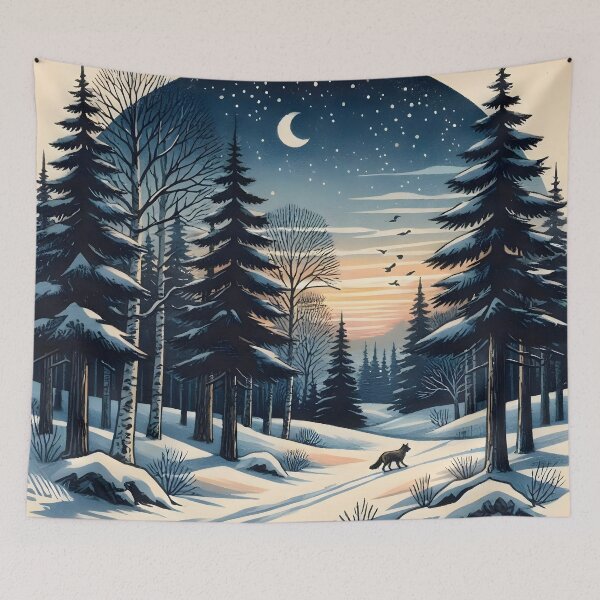 Item preview, Winter Woodland Night Forest with Wolf and Crescent Moon designed and sold by Sybille-Yates.