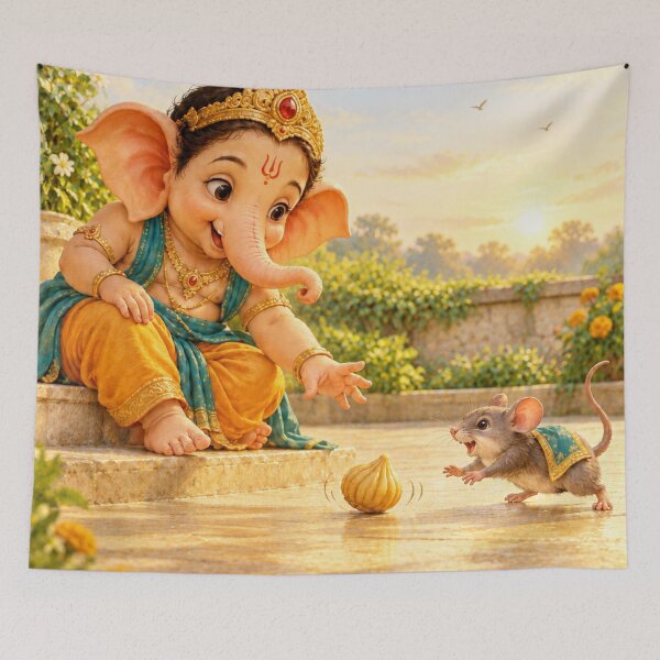 Item preview, Cute Bala Ganesha and Mushak Chasing a Modak designed and sold by Homyar.