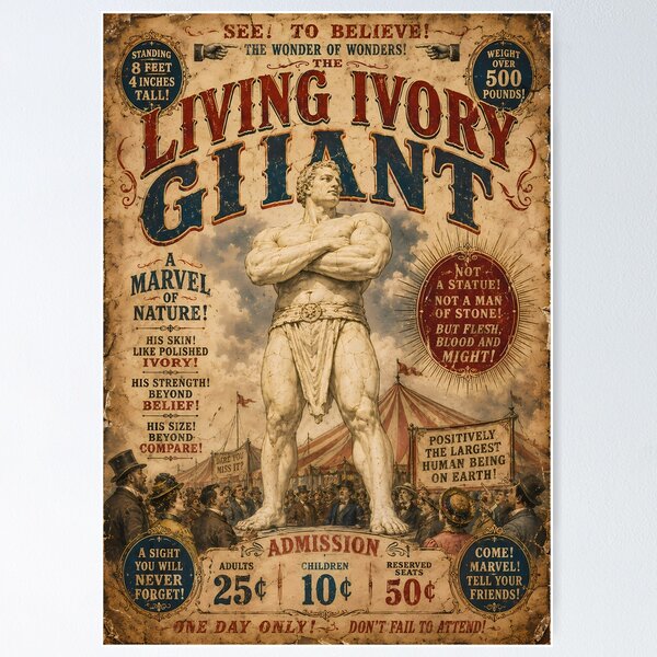 Item preview, Vintage Circus Style Living Ivory Giant Marvel of Nature Advertisement Poster designed and sold by potseed21.