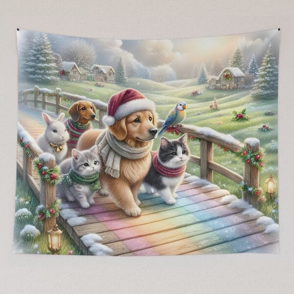 Item preview, Christmas Rainbow Bridge Pets Golden Retriever Cats and Bunny designed and sold by Sybille-Yates.