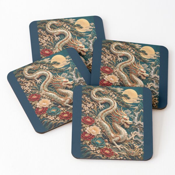 Item preview, White Chinese Dragon with Peony Flowers and Moon – Asian Fantasy Landscape Art designed and sold by ManJiangHong.