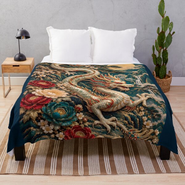 Item preview, White Chinese Dragon with Peony Flowers and Moon – Asian Fantasy Landscape Art designed and sold by ManJiangHong.