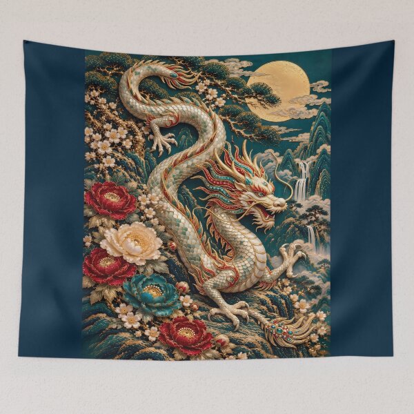 Item preview, White Chinese Dragon with Peony Flowers and Moon – Asian Fantasy Landscape Art designed and sold by ManJiangHong.