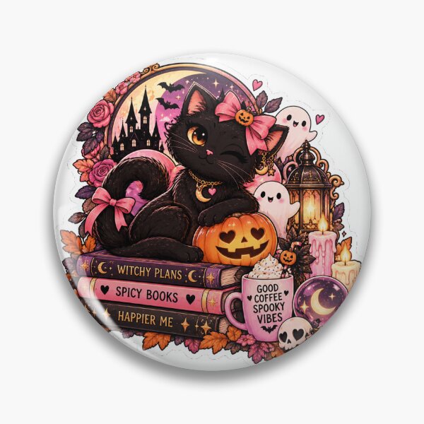 Item preview, Gothic Black Cat Halloween Sticker – Witchy Pink Bow & Pumpkin designed and sold by PaginaBrew.