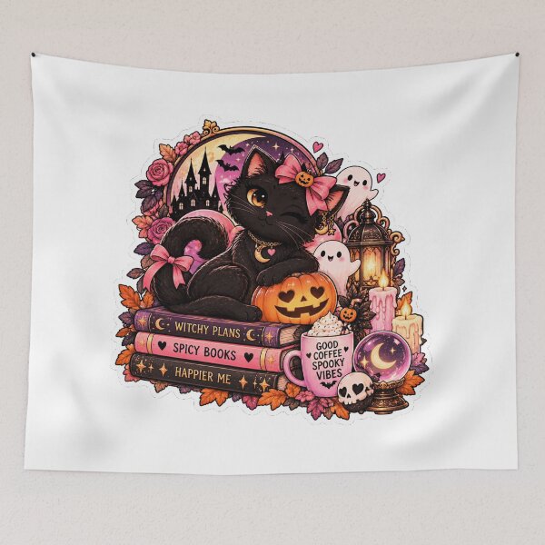 Item preview, Gothic Black Cat Halloween Sticker – Witchy Pink Bow & Pumpkin designed and sold by PaginaBrew.