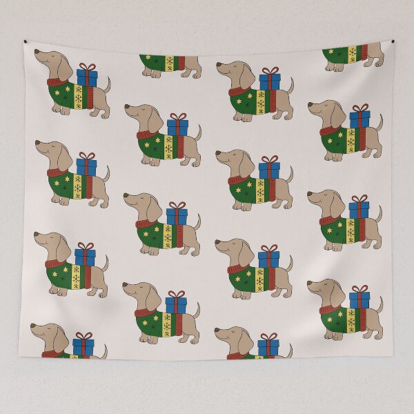 Item preview, Christmas dachshund with a sweater and a gift designed and sold by ZuriRetroPrints.