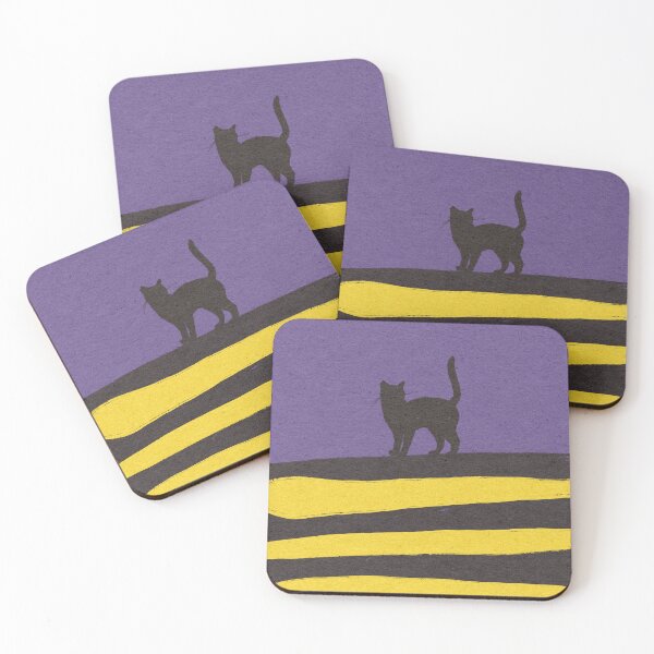 Item preview, Striped Modern Art in Yellow Purple Black Stripes Cat Silhouette Halloween designed and sold by Chatula Print Studio.