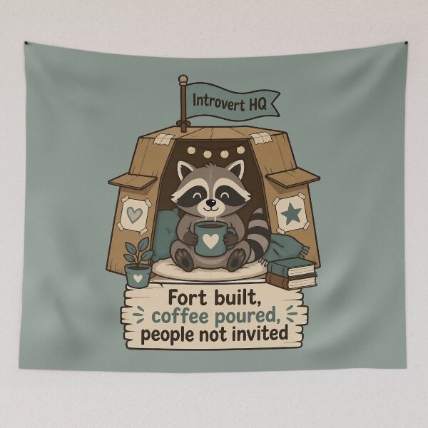 Item preview, Cozy Raccoon Holding Coffee in Cardboard Fort designed and sold by JC Art Creations.