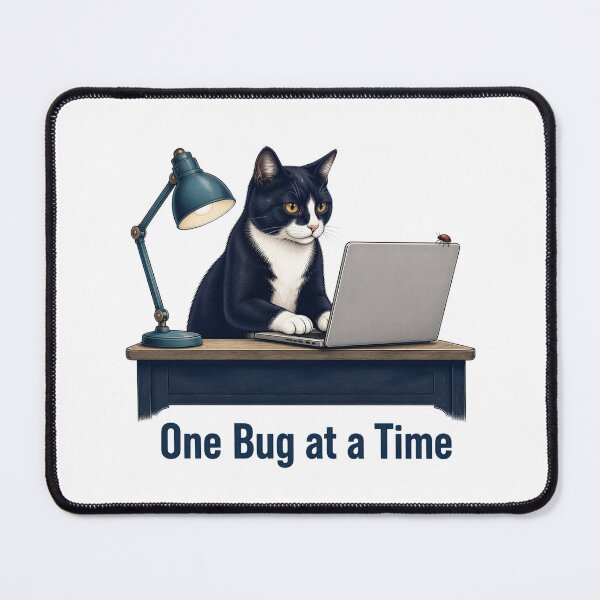 Item preview, Tuxedo Programmer Cat with Laptop and Tiny Bug designed and sold by PurrBloom Studio.