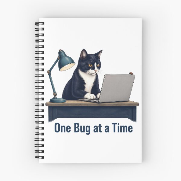Item preview, Tuxedo Programmer Cat with Laptop and Tiny Bug designed and sold by PurrBloom Studio.