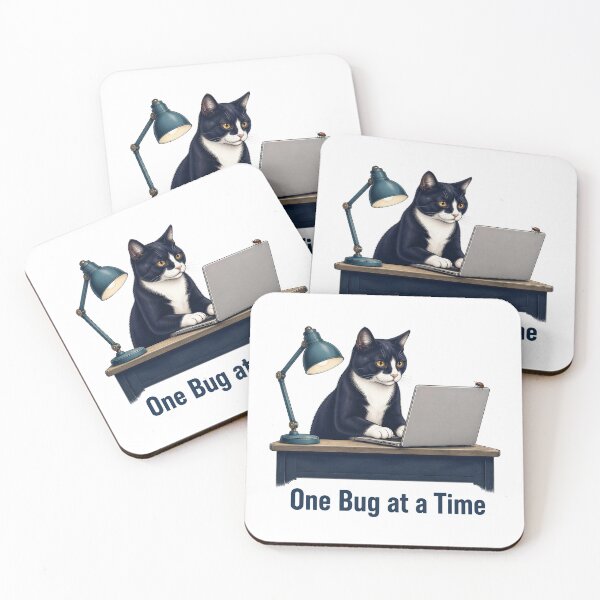 Item preview, Tuxedo Programmer Cat with Laptop and Tiny Bug designed and sold by PurrBloom Studio.