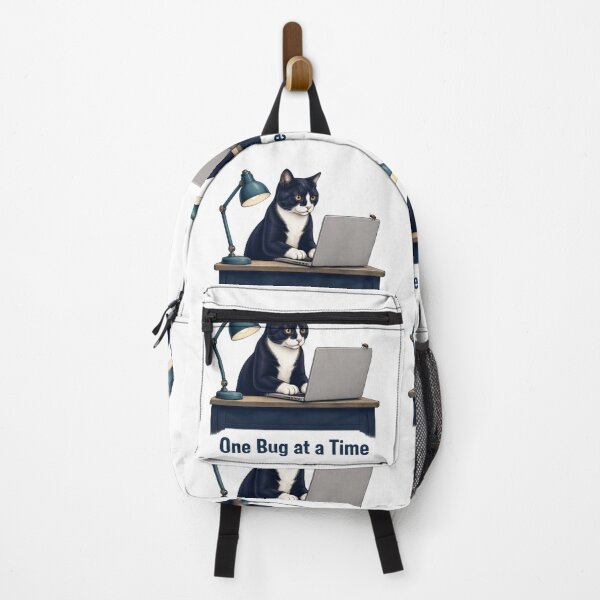 Item preview, Tuxedo Programmer Cat with Laptop and Tiny Bug designed and sold by PurrBloom Studio.