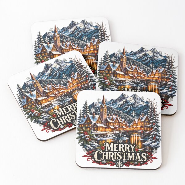 Item preview, A Magical Christmas Village in a Snowy Mountain Wonderland — a charming alpine village glowing with warm lights, a snowy stone bridge, and a festive “Merry Christmas” greeting. designed and sold by RemiVo.