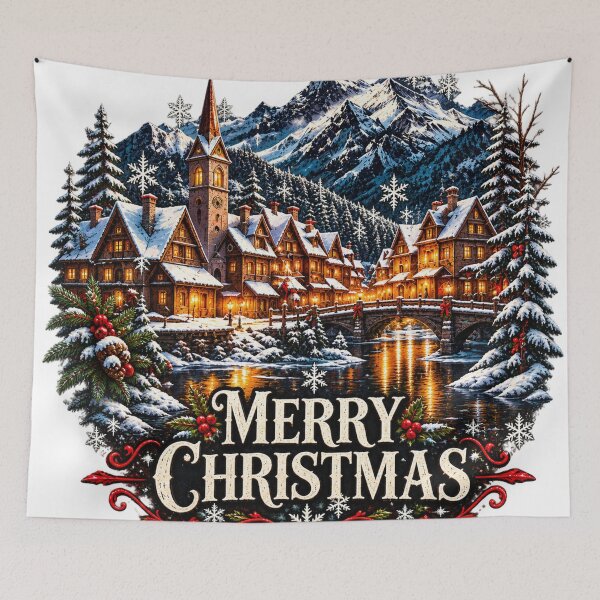Item preview, A Magical Christmas Village in a Snowy Mountain Wonderland — a charming alpine village glowing with warm lights, a snowy stone bridge, and a festive “Merry Christmas” greeting. designed and sold by RemiVo.