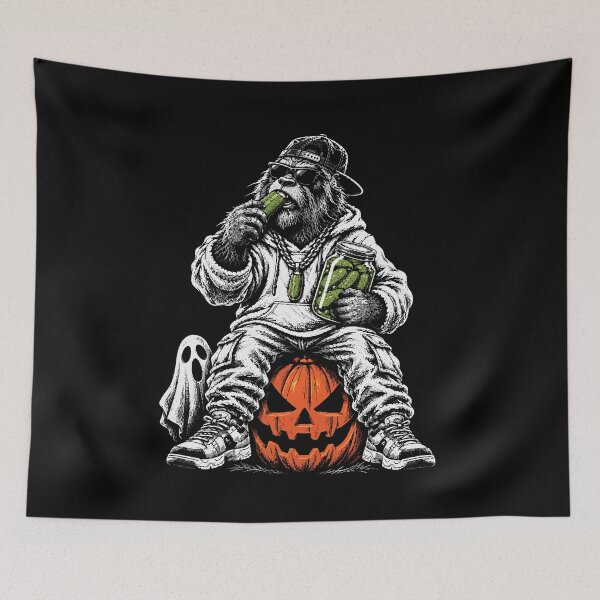 Item preview, Streetwear Sasquatch Eating Pickles on a Halloween Pumpkin designed and sold by NaturEdeN.