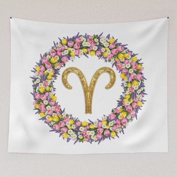 Item preview, Aries Zodiac Floral Wreath, Golden Aries Symbol with Spring Tulips and Daisies designed and sold by HoMya.
