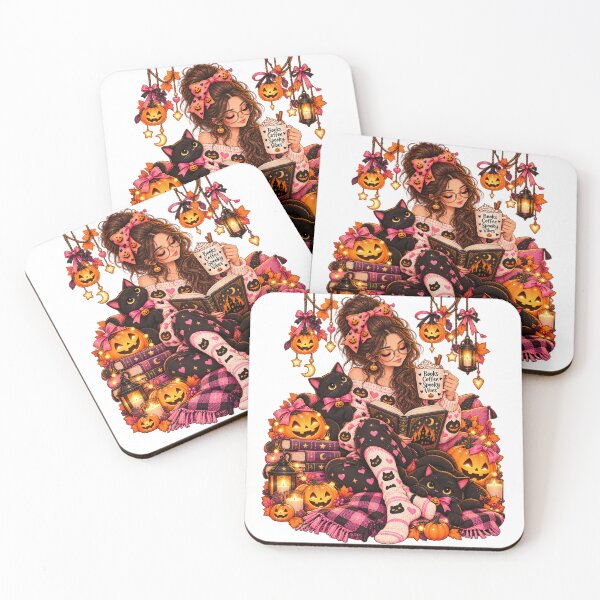 Item preview, Cozy Halloween Book Lover Sticker with Black Cats and Hanging Pumpkins designed and sold by PaginaBrew.