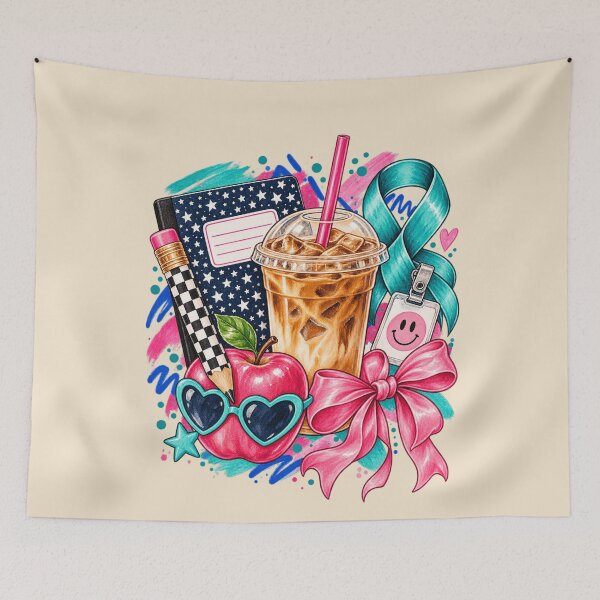 Item preview, School Supplies Watercolor Collage Preppy Teacher Coffee Pink Bow Art designed and sold by AmiGraph.